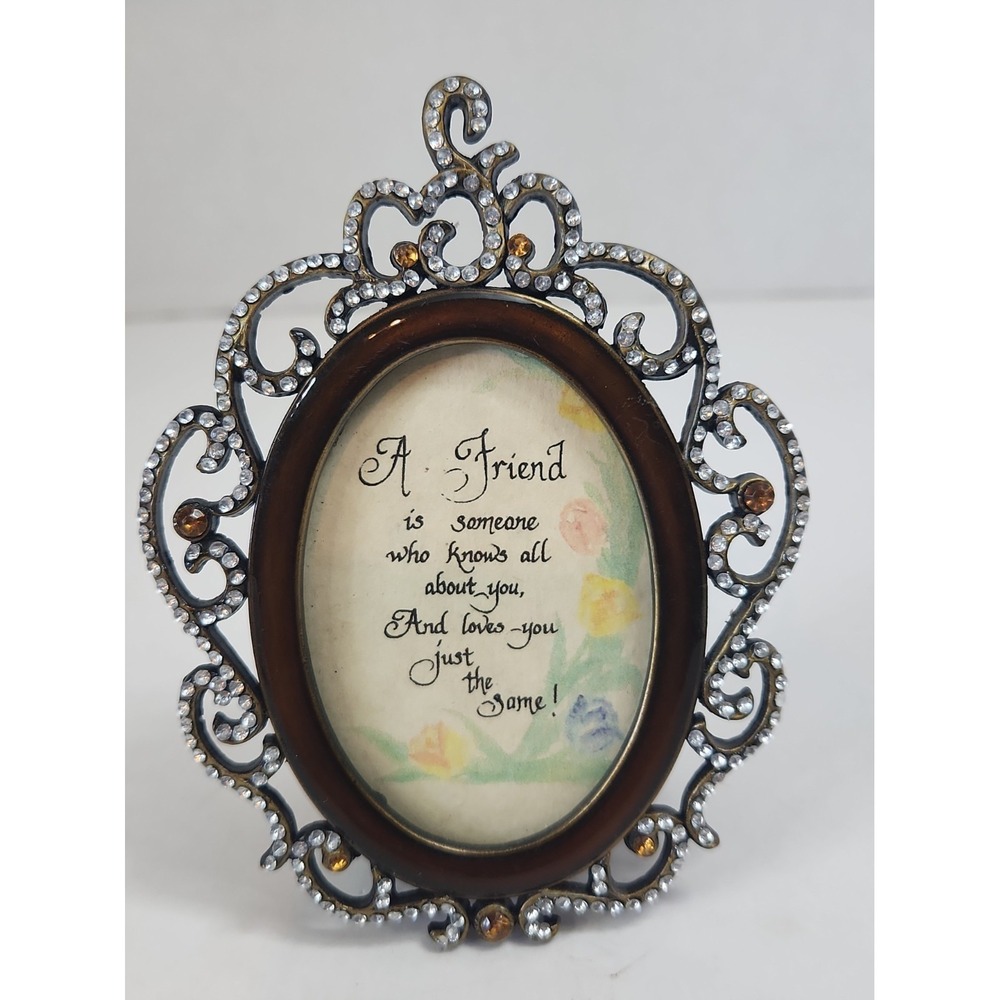 Vintage 80s-90s Mini Ornate Bejeweled Oval Picture Frame Glass Rhinestones 4.5"